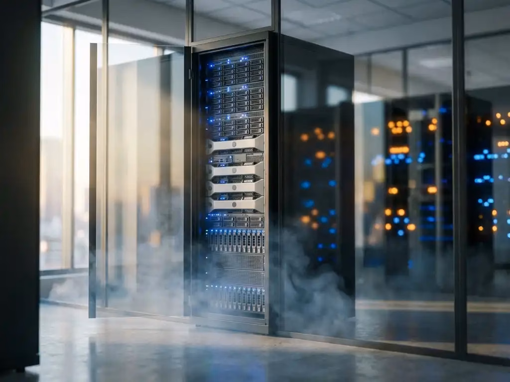 Serverrack mit blauen LED-Anzeigen in modernem Rechenzentrum mit Glaswänden und Nebelschwaden am Boden
