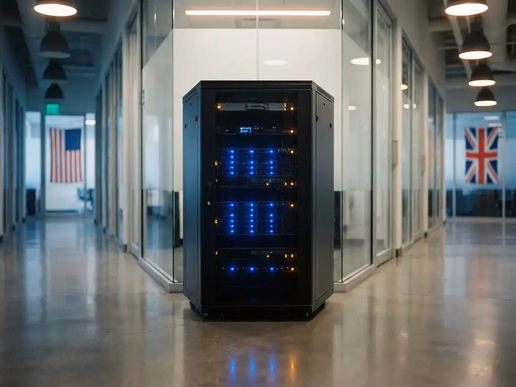 Schwarzer Server-Rack mit blauen LED-Statusleuchten in modernem Büroflur mit Glaswänden und Nationalflaggen im Hintergrund