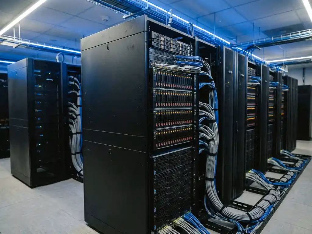 Schwarze Server-Türme in Reihen angeordnet mit blinkenden LED-Status-Lichtern und organisierten Kabelwegen in blau beleuchteter Serverraum-Umgebung