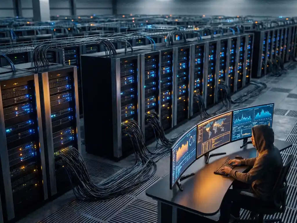 Sicherheitsanalyst überwacht Netzwerkverkehr auf mehreren Monitoren in großem Serverraum mit leuchtenden LED-Status-Anzeigen