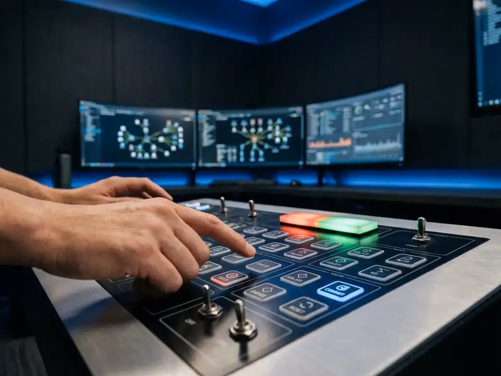 Sicherheitsanalyst bedient Kontrollpanel mit leuchtenden Schaltern, Netzwerkdiagramme auf Monitoren im Hintergrund, grünes Licht zeigt erfolgreiche Systemüberwachung