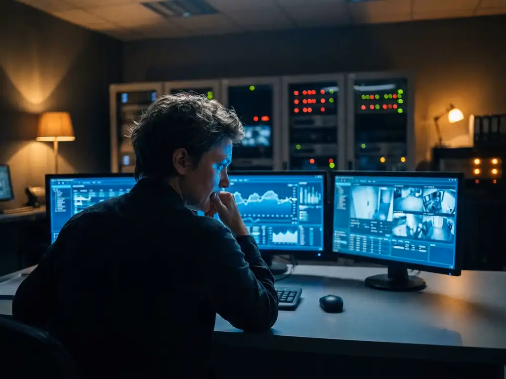 Sicherheitsanalyst überwacht leuchtende Computerbildschirme in dunklem Kontrollraum bei Nacht, Server mit blinkenden LEDs im Hintergrund