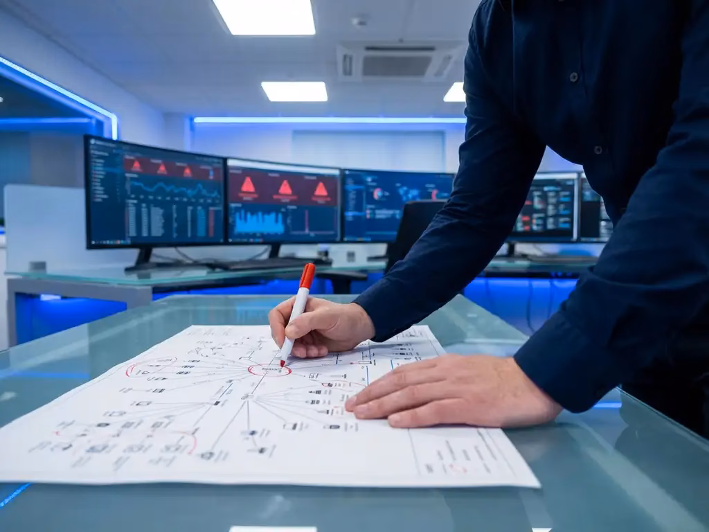 Sicherheitsanalyst markiert mit rotem Stift kritische Schwachstellen auf Netzwerk-Infrastruktur-Diagramm am Glasschreibtisch