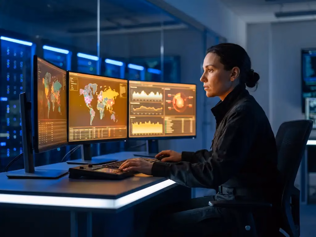 Sicherheitsanalyst überwacht Netzwerk-Traffic-Muster auf mehreren gebogenen Monitoren in einem modernen SOC-Kontrollzentrum