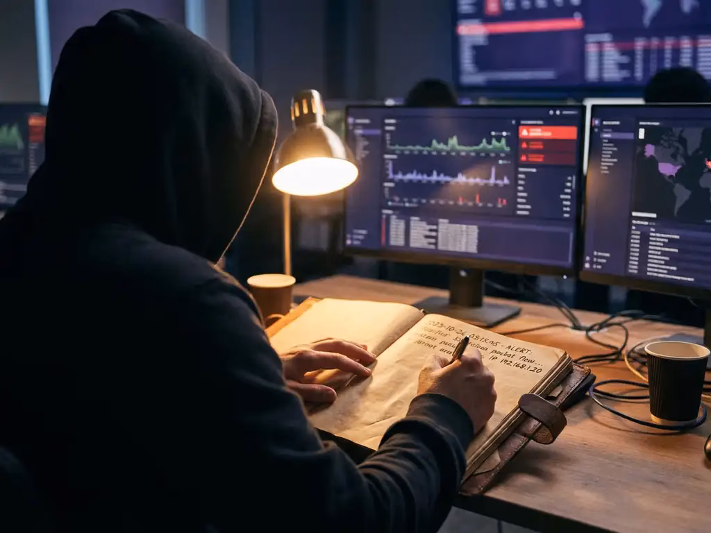 Sicherheitsanalyst dokumentiert Vorfallsdetails in Logbuch unter Schreibtischlampe, Netzwerk-Alarme auf Monitoren im Hintergrund