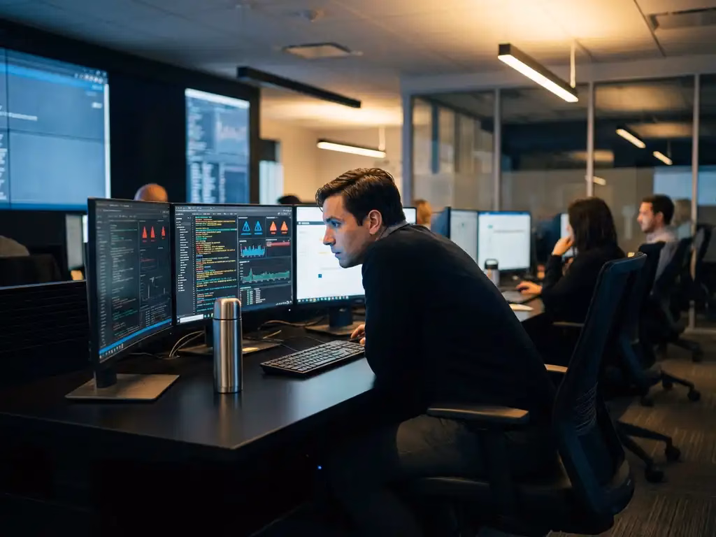 Sicherheitsanalyst überwacht mehrere Computerbildschirme mit bunten Log-Datenströmen und Sicherheitswarnungen in modernem SOC
