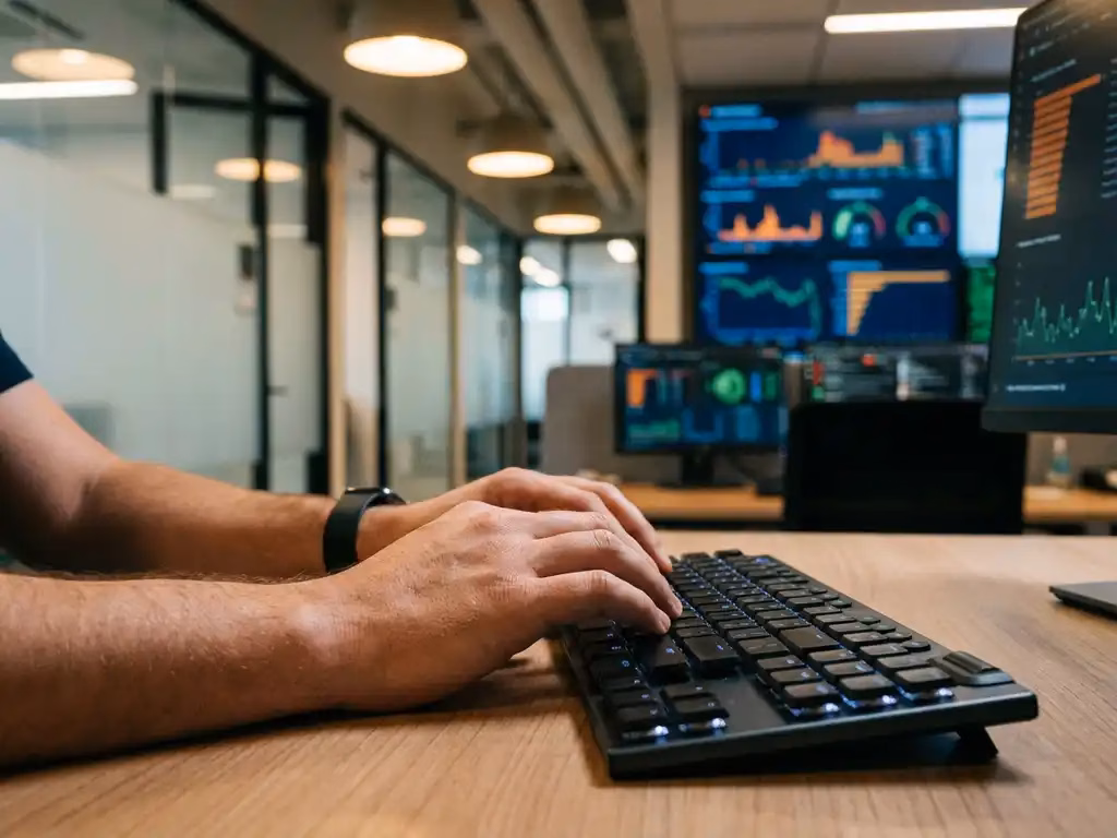 Sicherheitsanalyst tippt auf schwarzer Tastatur vor mehreren Monitoren mit Netzwerk-Dashboards in modernem Büro