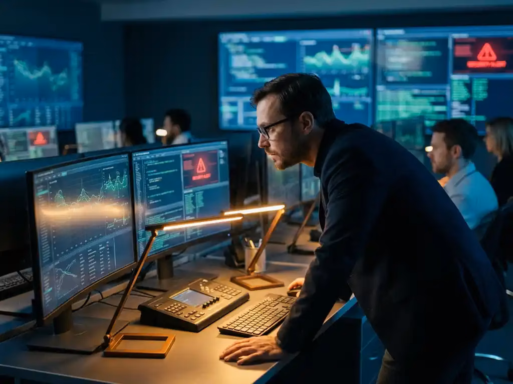 Sicherheitsanalyst überwacht leuchtende Computerbildschirme mit Netzwerkverkehr in dunklem Kontrollraum