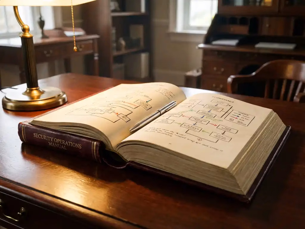 Aufgeschlagenes Sicherheitshandbuch aus Leder auf Mahagonischreibtisch mit Ablaufdiagrammen und silbernem Stift