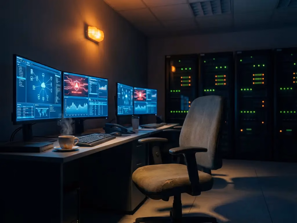 Leerer Sicherheitswächterstuhl vor leuchtenden Computermonitoren mit Netzwerkdiagrammen in dunklem Sicherheitszentrum