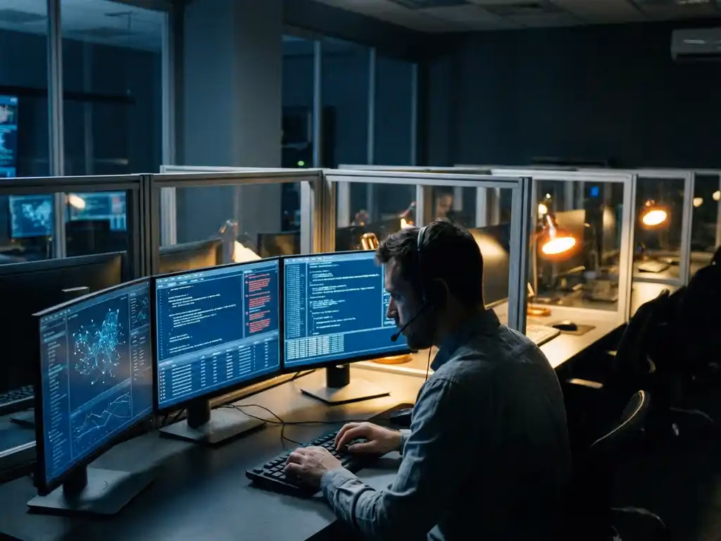 Sicherheitsanalyst überwacht leuchtende Computerbildschirme mit Netzwerkverkehr und Sicherheitswarnungen in modernem Büro