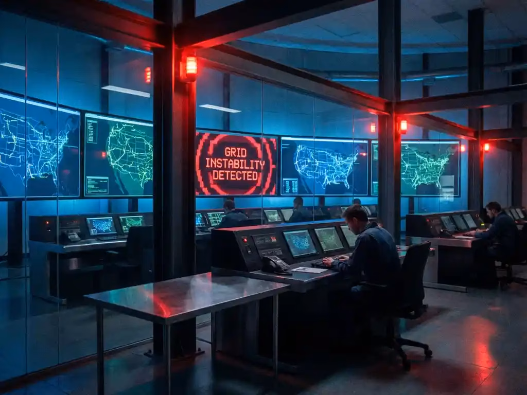 Industrielle Kontrollzentrale mit Überwachungsbildschirmen für Stromnetz, roter Warnalarm auf zentralem Display