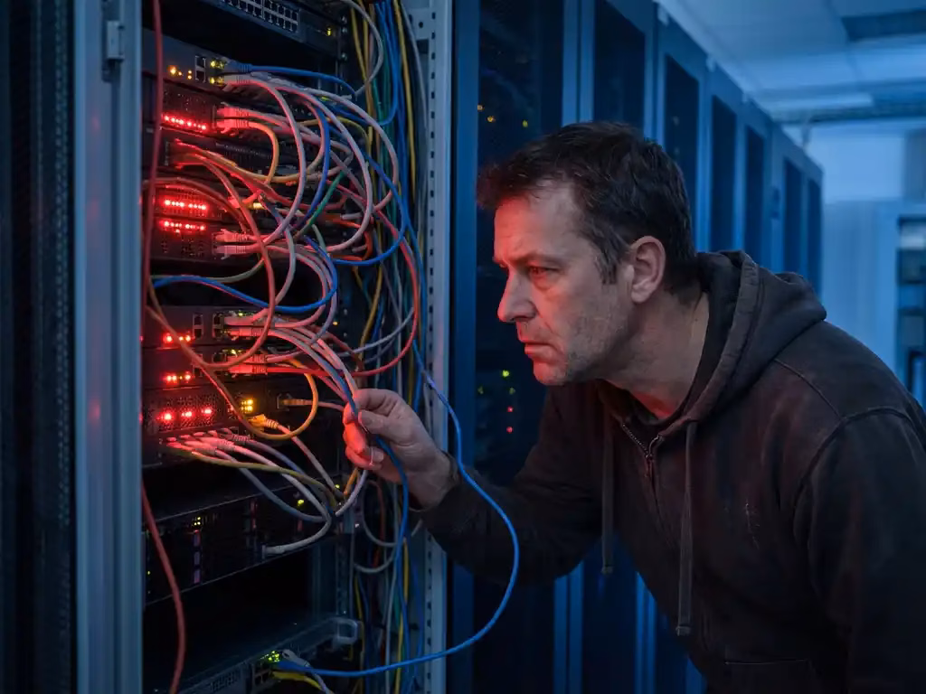 Systemadministrator betrachtet besorgt Serverrack mit roten Warnleuchten und hängenden Ethernet-Kabeln im Rechenzentrum