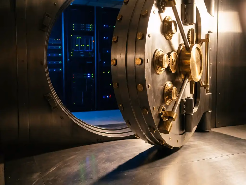 Schwere Stahltresortür mit Messingschlössern steht leicht geöffnet vor leuchtenden Serverracks in modernem Rechenzentrum