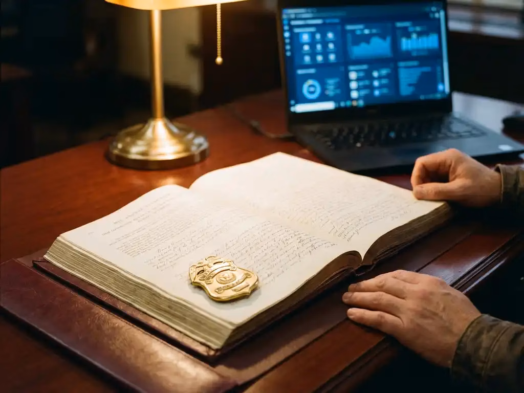 Aufgeschlagene Versicherungspolice auf Mahagonischreibtisch mit goldenem Sicherheitsschild und Laptop im Hintergrund