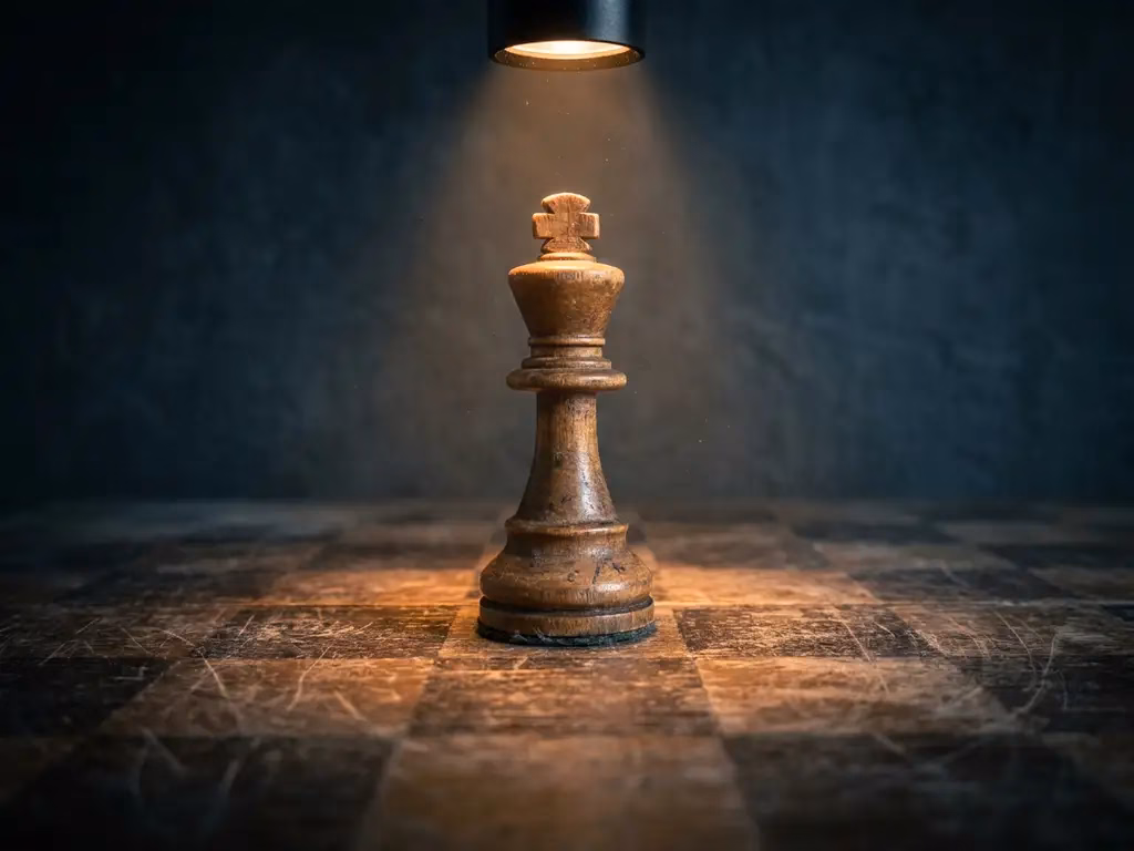 Einzelner Schachkönig auf leerem Brett im Spotlight, umgeben von Schatten in Anthrazit- und Stahlblautönen.