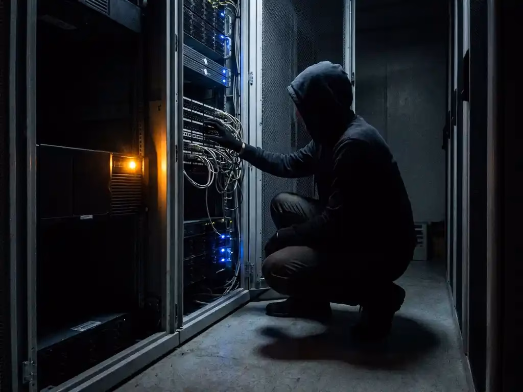 Vermummte Person in dunkler Kleidung kauert neben einem Serverrack in einem schwach beleuchteten Rechenzentrum.