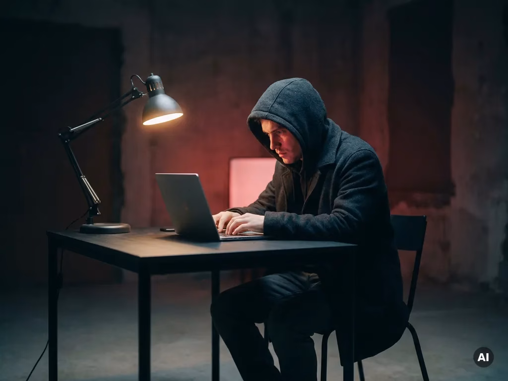 Person in dunkler Kleidung am minimalistischen Schreibtisch, konzentriert auf Laptop mit rotem Umgebungslicht im abgedunkelten Raum.