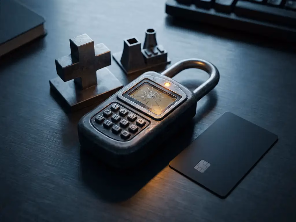 Gebrochenes digitales Schloss auf dunklem Schreibtisch, umgeben von Symbolen kritischer Infrastruktur – Krankenhaus, Kraftwerk, Bankkarte.