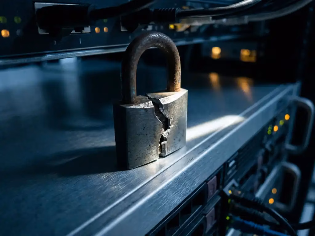 Gebrochenes Vorhängeschloss auf silbernem Serverrack, symbolisiert IT-Sicherheitslücke, blaues Umgebungslicht, Nahaufnahme.