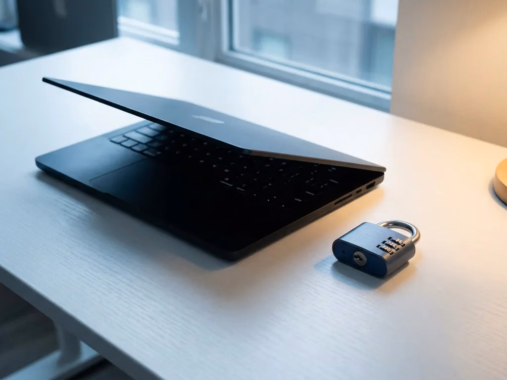Halb geschlossenes schwarzes Laptop neben einem Kombinationsschloss auf weißem Schreibtisch, symbolisiert digitale Sicherheit.