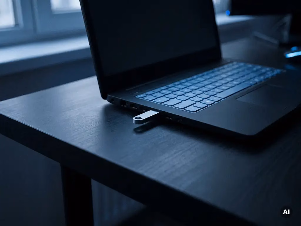 Schwarzer Laptop auf dunklem Schreibtisch mit eingestecktem USB-Stick, blaues Umgebungslicht, Datensicherheitsrisiko.