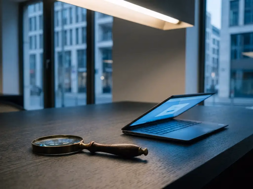 Lupe auf dunklem Schreibtisch neben aufgeklapptem Laptop mit blauem Bildschirmschein, minimalistischer Berliner Arbeitsplatz.