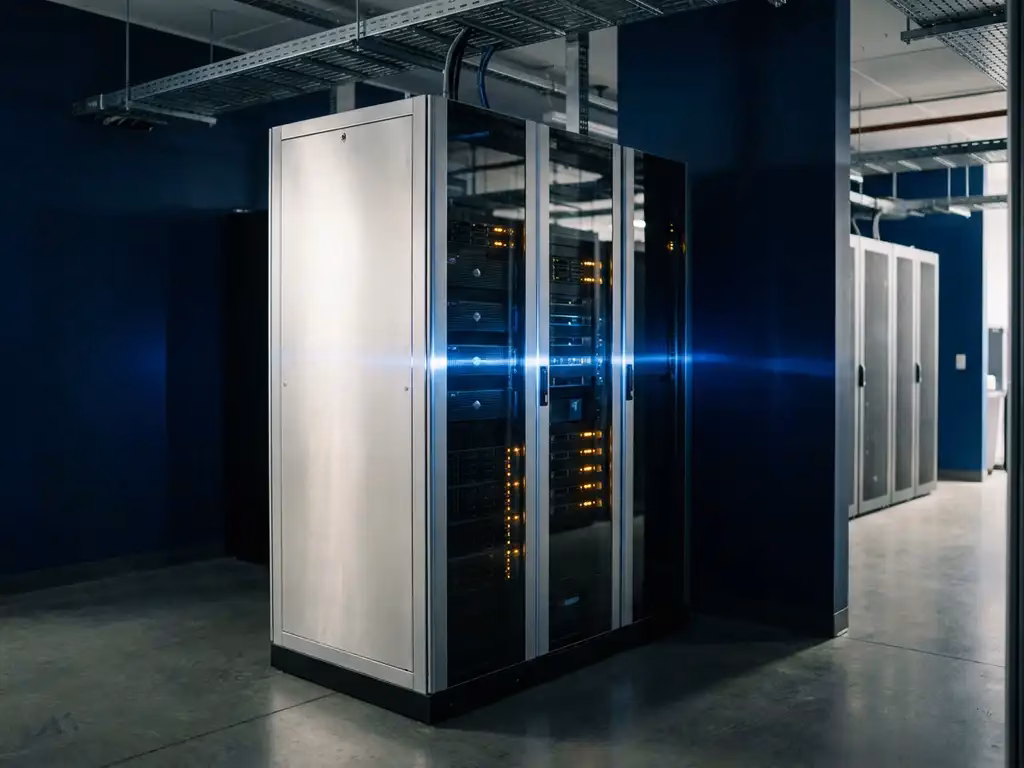 Silbernes Server-Rack in dunklem Rechenzentrum-Korridor mit blauem Lichtstrahl, Stahlgrau- und Marineblauntönen.