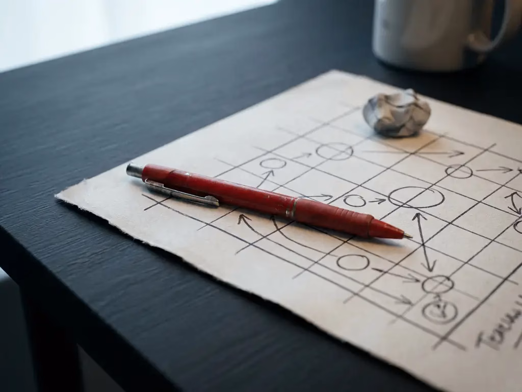 Roter Stift liegt diagonal auf einem handgeschriebenen taktischen Planungsblatt mit Rasterlinien auf dunklem Schreibtisch.