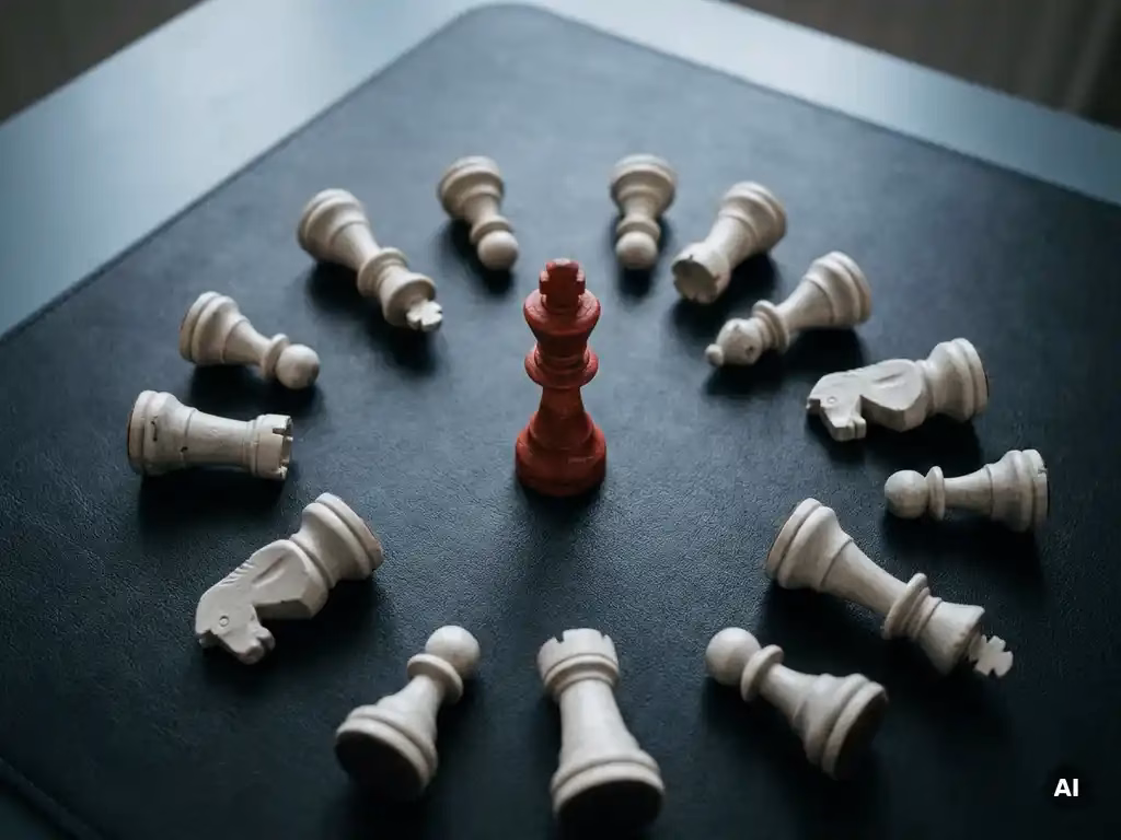 Roter Schachkönig steht aufrecht zwischen gefallenen weißen Figuren auf dunklem Schreibtisch, symbolisiert strategische Dominanz.