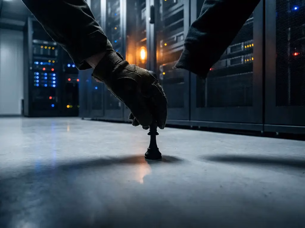 Behandschuhte Hand platziert schwarzen Schachkönig auf dem Boden eines Serverraums mit blinkenden Rack-Lichtern im Hintergrund.