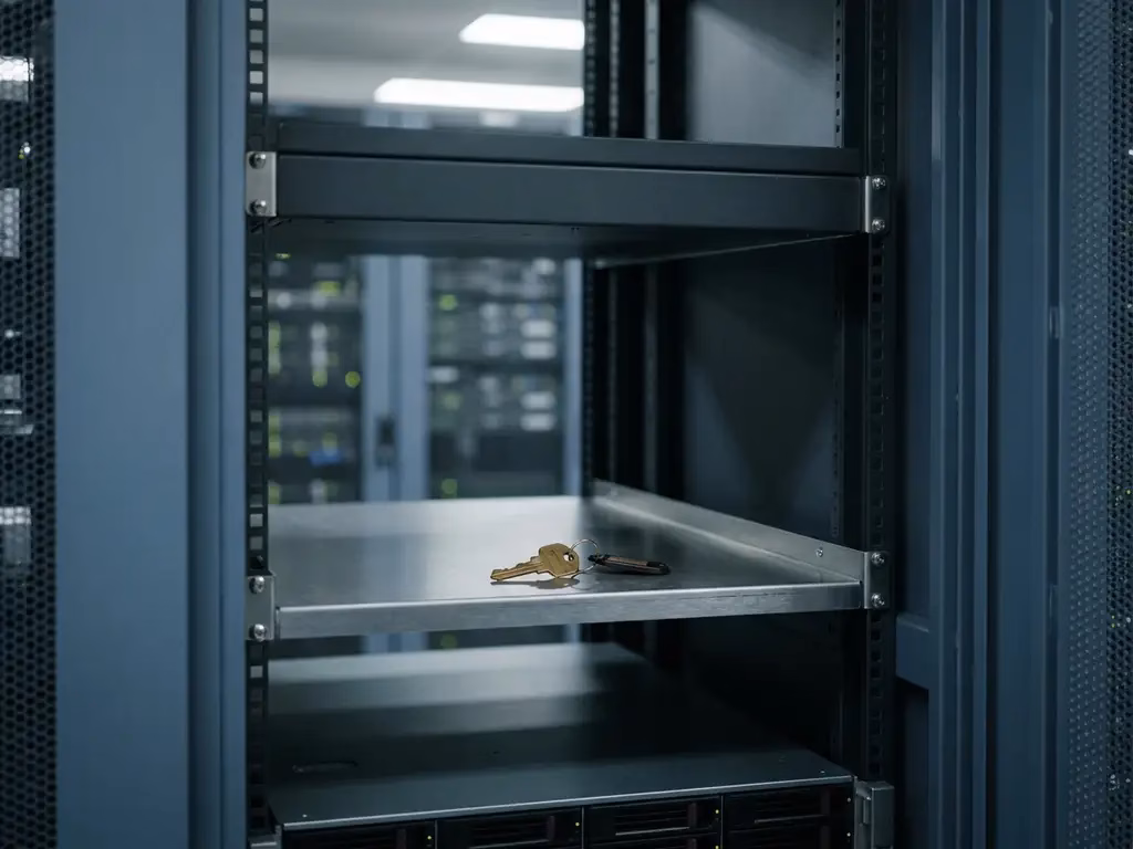 Einzelner Metallschlüssel in einem offenen Server-Rack-Gehäuse, umgeben von gebürstetem Stahl in einem modernen Rechenzentrum.