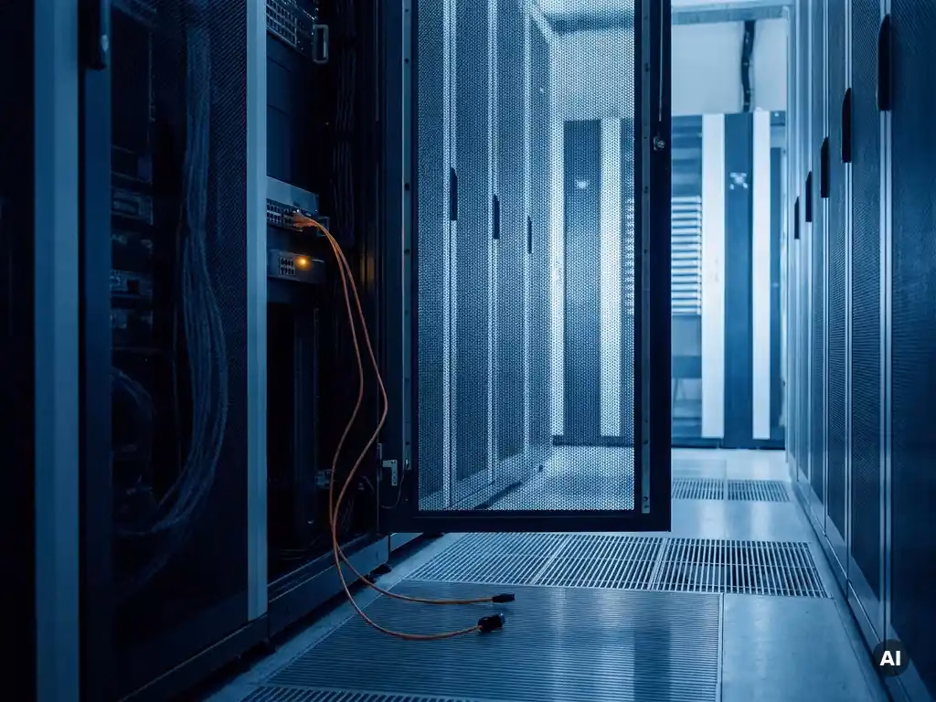Dunkler Serverraum-Korridor mit geöffnetem Rack, herabhängendem Netzwerkkabel und schwachem Amber-Indikatorlicht auf einem Switch-Panel.