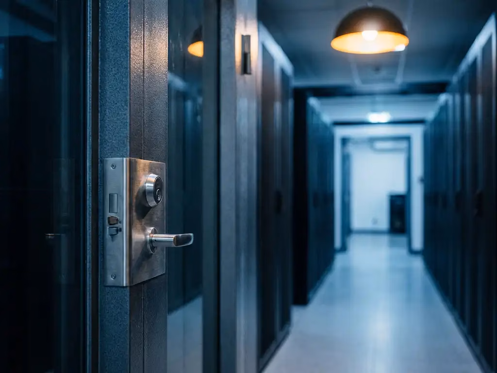 Gesicherter Serverraum-Korridor mit verstärkter Glastür und Schließmechanismus, stählerne Blau- und Grautöne, warmes Umgebungslicht.