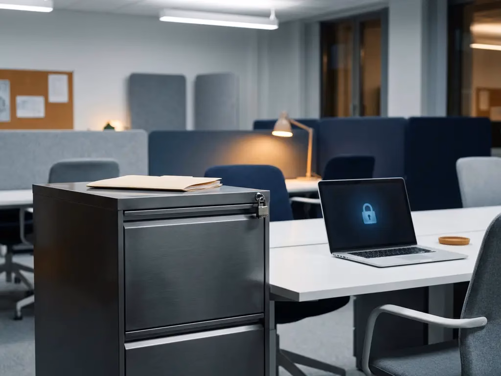 Abgeschlossener Stahlschrank mit Manillamappe, modernem Laptop und Schloss-Symbol auf weißem Schreibtisch im Büro.
