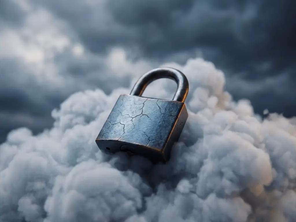 Rissiges Stahlvorhängeschloss auf weißer Wolke vor dramatisch dunklem Sturmhimmel, symbolisiert Cloud-Sicherheit.