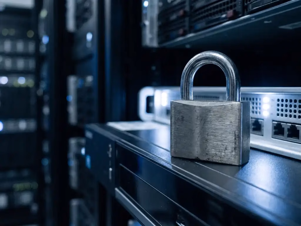 Stahlvorhängeschloss auf einem Serverrack-Panel in blauem Umgebungslicht, symbolisiert Rechenzentrumssicherheit.