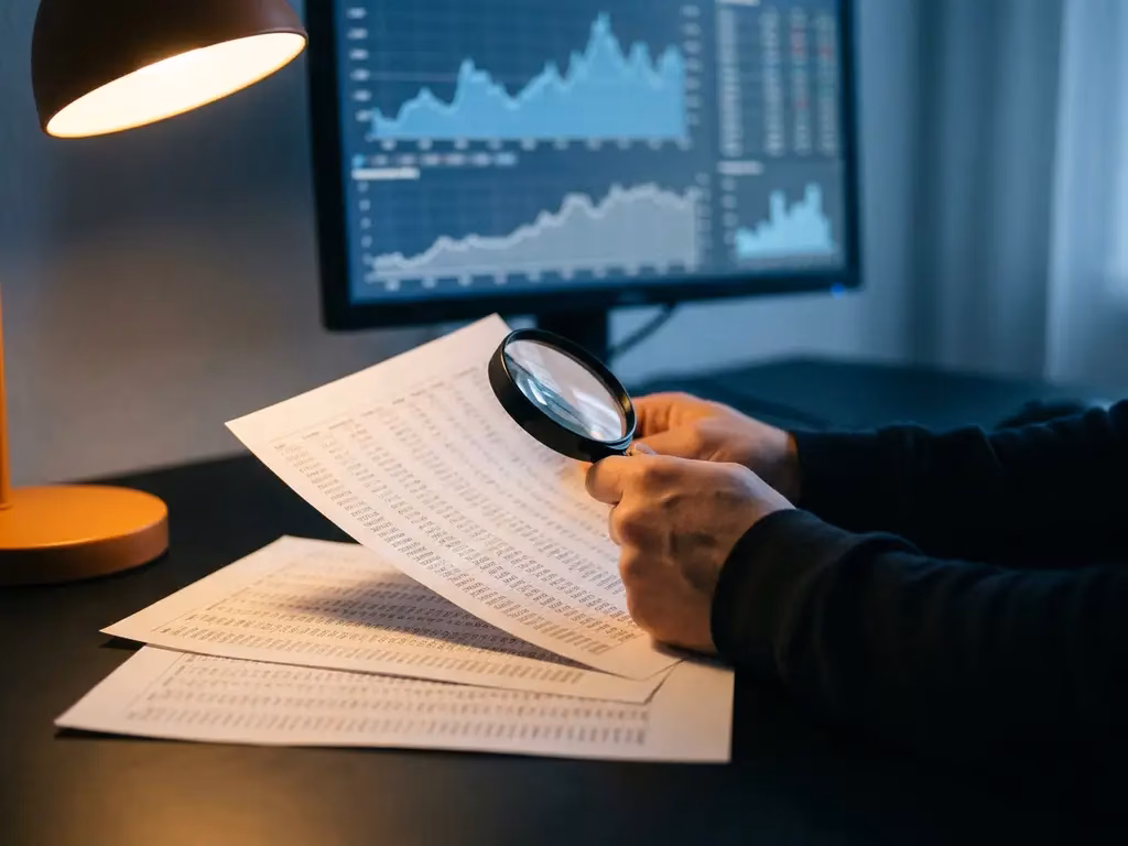 Sicherheitsanalyst prüft ausgedruckte Datenlogs am dunklen Schreibtisch, Monitor mit Netzwerkaktivitäts-Diagrammen im Hintergrund.
