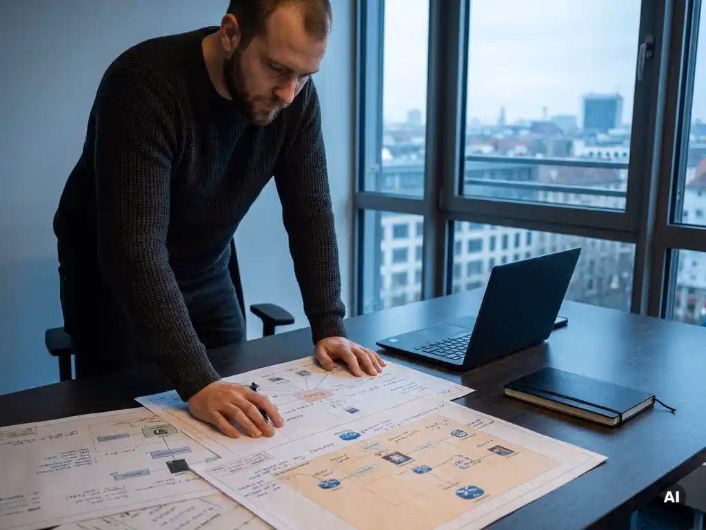 Sicherheitsanalystin untersucht ausgedruckte Netzwerktopologie-Diagramme an einem Schreibtisch, Berliner Tageslicht fällt durch ein Bürofenster.