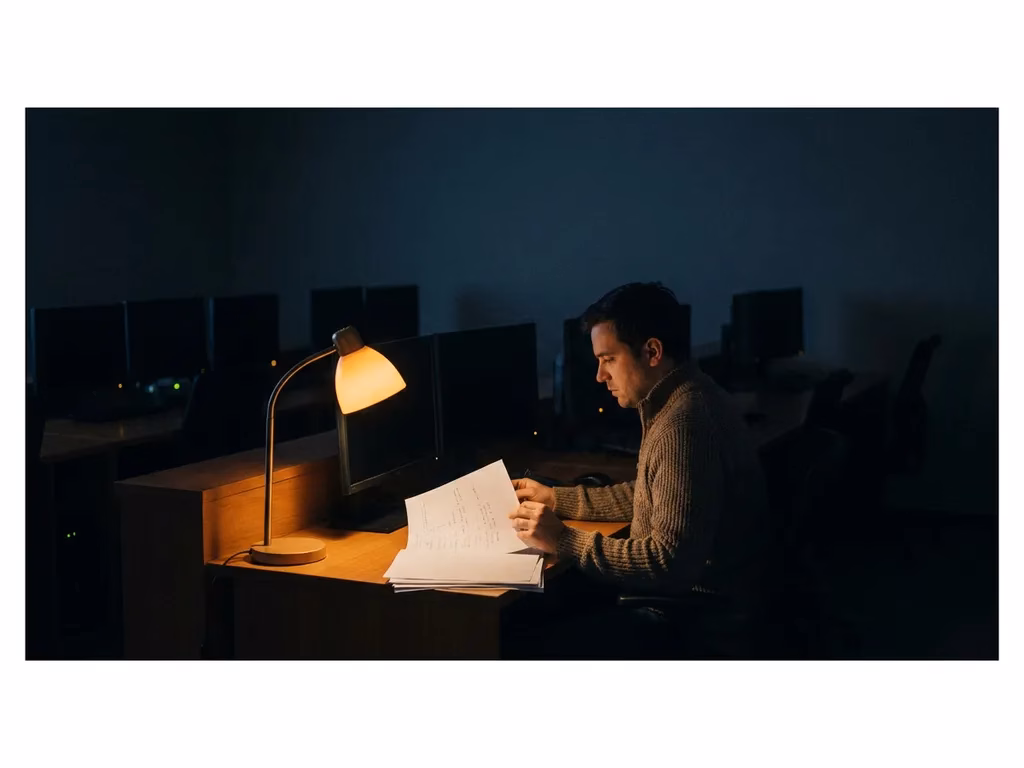 Analyst im abgedunkelten SOC-Kontrollraum prüft Notfallprotokolle unter Schreibtischlampe, Monitore leuchten schwach im Hintergrund.