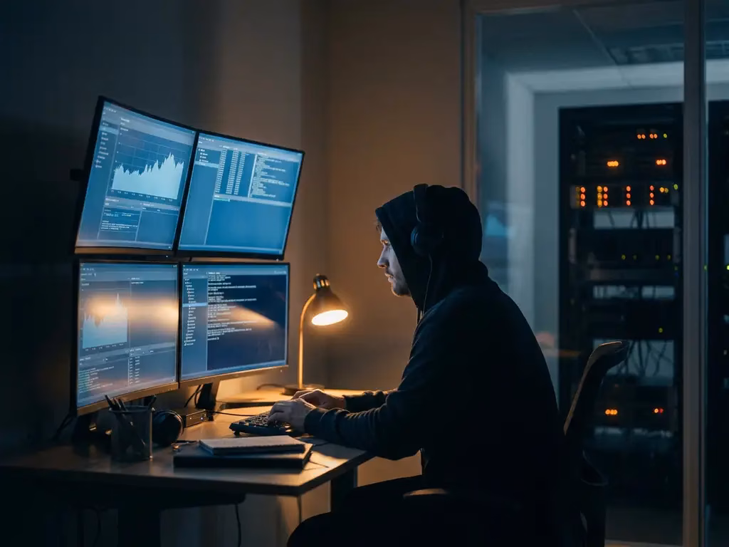 Sicherheitsanalyst an einem schwach beleuchteten Arbeitsplatz mit mehreren Monitoren, isoliertem Server-Rack im Hintergrund, dramatisches Seitenlicht.