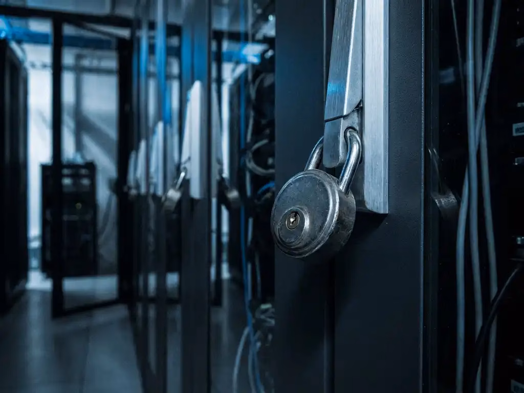 Stahlvorhängeschloss an einer Server-Rack-Tür in einem schwach beleuchteten Rechenzentrum mit blauem Umgebungslicht.