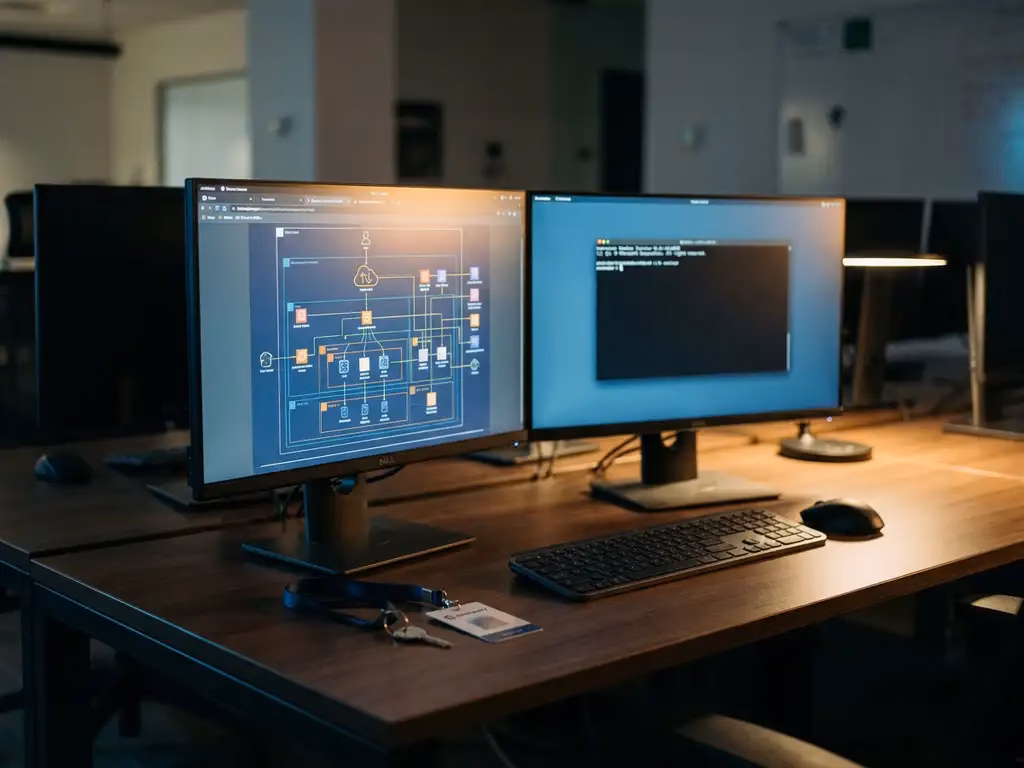 SOC-Arbeitsplatz mit zwei Monitoren, Cloud-Architekturdiagramm, Zugangsausweis und Schlüssel auf dunklem Schreibtisch.